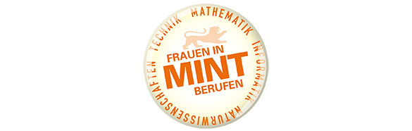 Logo Frauen in MINT Berufen in Form eines Buttons mit den Schriftzügen "Naturwissenschaften, Technik, Mathematik, Informatik"
