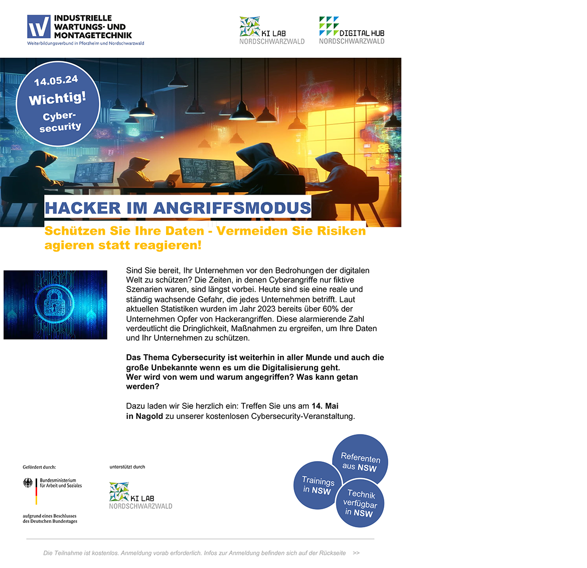 Flyer zur Veranstaltung Hacker im Angriffsmodus: Schützen Sie Ihre Daten - Vermeiden Sie Risiken, agieren statt reagieren! vom Digital Hub Nordschwarzwald