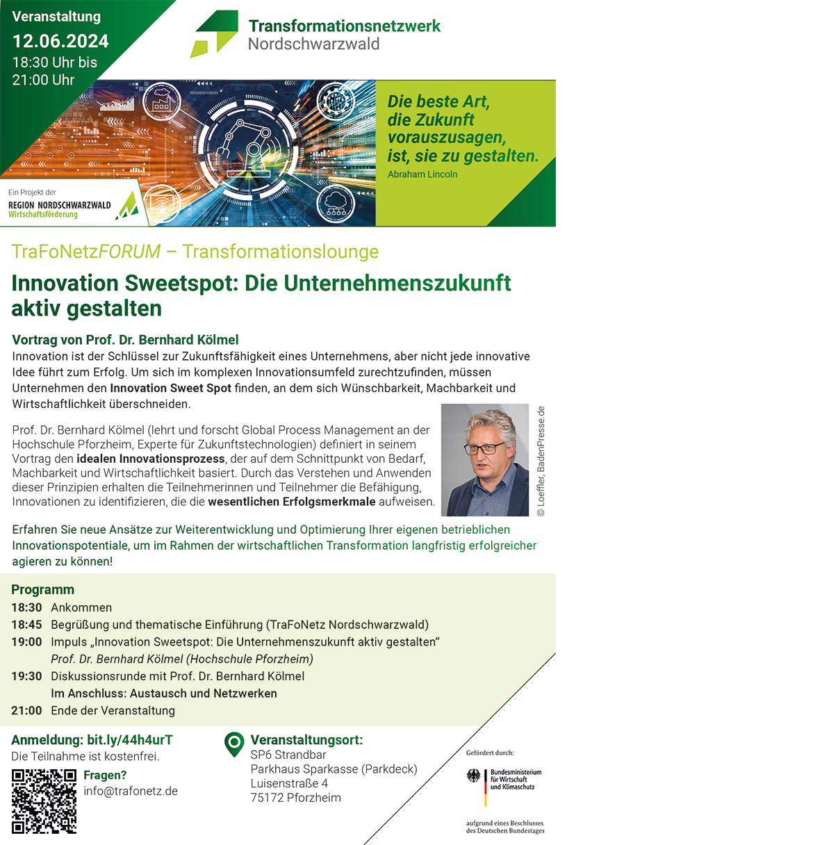 Flyer zur Veranstaltung Transformationslounge Innovation Sweetspot vom TraFoNetz Nordschwarzwald