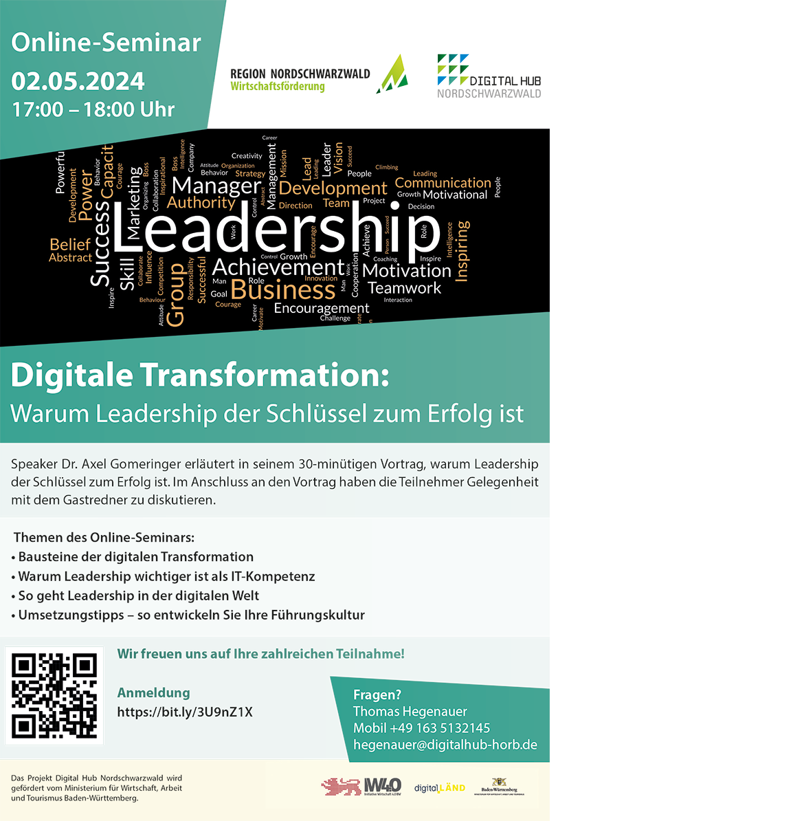 Flyer zur Veranstaltung Digitale Transformation: Warum Leadership der Schlüssel zum Erfolg ist vom Digital Hub Nordschwarzwald