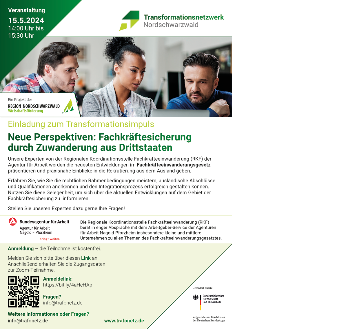 Flyer zur Veranstaltung Transformationsimpuls - Neue Perspektiven: Fachkräftesicherung durch Zuwanderung aus Drittstaaten vom TraFoNetz Nordschwarzwald