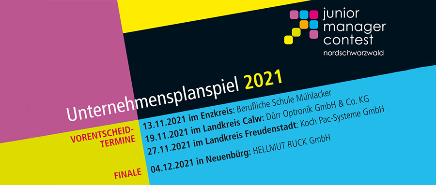 Die Termine des Junior Manager Contest Nordschwarzwald 2021: 13.11.2021 im Enzkreis, 19.11.2021 im Landkreis Calw, 27.11.2021 im Landkreis Freudenstadt. Das Finale findet am 04.12.2021 in Neuenbürg statt.