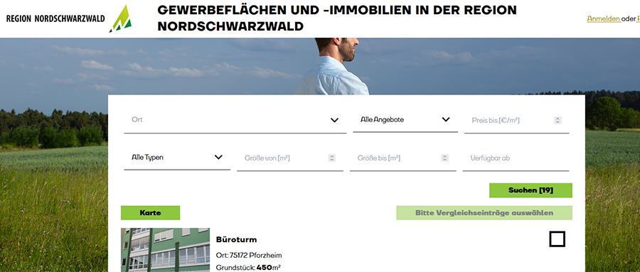 Screenshot des Gewerbeimmobilienportals findyourland für den Nordschwarzwald